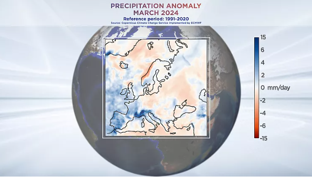 Southern Europe saw above average precipitation in March 2024. Data from Copernicus Climate Change Service implemented by ECMWFeuronews