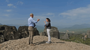 Tourist guide Nicki Miliou chats with Jeremy Wilks from Euronews at the Meteora heritage site